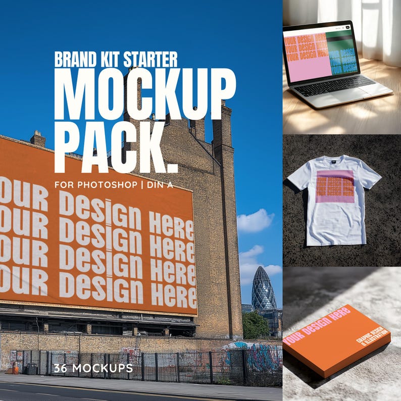 May include: A mockup pack for Photoshop with 36 mockups. The pack includes a billboard, a t-shirt, a laptop, and a box. The billboard has the text "Your Design Here" repeated four times. The t-shirt is white with a pink and white design. The laptop is silver with a pink and white design on the screen. The box is orange with the text "Your Design Here" and "Graphic Design & Illustration".