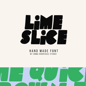 Puede incluir: Un diseño gráfico con las palabras "LIME SLICE" en letras negras y en negrita. Debajo, el texto dice "HAND MADE FONT BY EMMA RODRIGUEZ STUDIO". El fondo es de color beige claro. La parte inferior de la imagen muestra un patrón verde y azul.