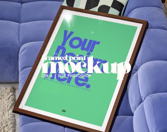 Walnut Framed Print Mockup - Lilac Sofa Cute Template PSD, Single Digital Download (DIN A Portrait) for Wall Art, Artists