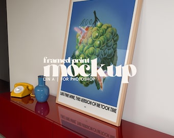 Large Frame Mockup, Red Gloss Sideboard Poster Template PSD, DIN A Modern Interior Realistic Editorial Style for Artists, Wall Art Designs