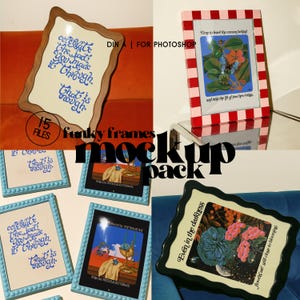 May include: A collection of framed art prints with various designs and colors. The frames have unique shapes and colors, including brown, red, and blue. Some prints feature text, while others display illustrations. The image also includes the text "funky frames mock up pack".