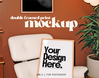 Double Oak Framed Print Mockup - Modern Chair & Brown Wall Template PSD, Single Digital Download (DIN A Portrait) for Wall Art
