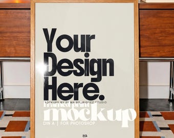 DIN A Frame Mockup Oak Wood Poster Interior Scene Photoshop Photopea Compatible Art Print for Artists, Wall Art, Designers