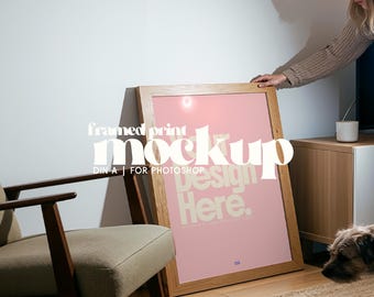 Oak Frame Mockup, Living Room Poster Print Photoshop Template, Single Digital Download (DIN A Portrait) for Wall Art, Dog