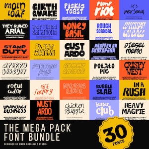 May include: A collection of 30 unique fonts, each displayed on a colorful square. The font names are in various styles, including bold, script, and playful designs. The bundle is titled "THE MEGA PACK FONT BUNDLE".
