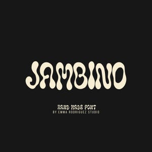 May include: A digital graphic featuring the word JAMBINO in a large, cream-colored, wavy, rounded typeface centered against a solid black background. Below the main text, smaller white text reads HAND MADE FONT BY EMMA RODRIGUEZ STUDIO.