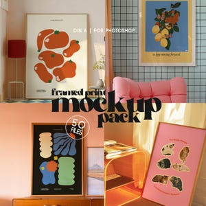 Paquete de 50 maquetas de impresión de marcos retro, paquete de plantillas de retrato DIN A de mediados de siglo (PSD) para vendedores de arte mural, artistas y amantes del estilo vintage.
