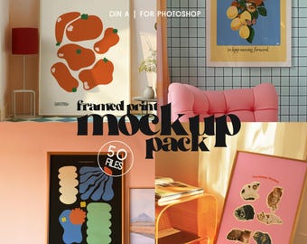 50 Retro Frame Print Mockup Pack, Mid Century Modern DIN A Portrait Template Bundle (PSD) for Wall Art Sellers, Artists, Vintage Vibes