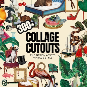 Puede incluir: Un collage de elementos de diseño PNG de estilo vintage. La imagen presenta una variedad de elementos, incluyendo un flamenco, un gato en una chaise longue, un pastel con una mariposa y un perro en una silla. El texto dice "300+ COLLAGE CUTOUTS PNG DESIGN ASSETS VINTAGE STYLE."
