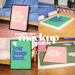 May include: A mockup pack showcasing framed art prints with the text "Your Design Here." The frames are presented in different settings, such as a living room and a table. The image includes the text "DIN A1 FOR PHOTOSHOP," "pastel dreams," and "20 FILES."