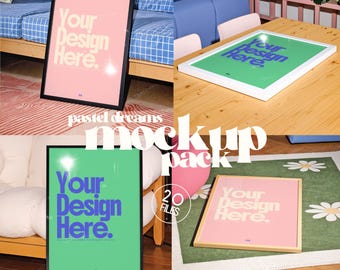 20 Pastel Theme Framed Print Mockup Pack, DIN A Portrait Template Bundle (PSD) with Cute Contemporary Interior for Wall Art, Artists