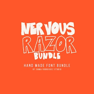 May include: An orange background with white text that reads "NERVOUS RAZOR BUNDLE". Below the title, the text "HAND MADE FONT BUNDLE" and "BY EMMA RODRIGUEZ STUDIO" are displayed in a smaller font.