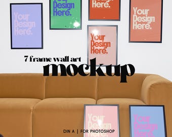7 Frame Wall Art Mockup DIN A Gallery Set, Multiple Artwork Wall Scene, PSD for Photoshop for Artists, Wall Art, Designers