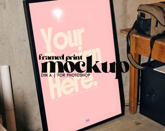 Large Black Frame Mockup, Contemporary Poster Print Photoshop Template, Single Digital Download (DIN A Portrait) for Wall Art, Studio
