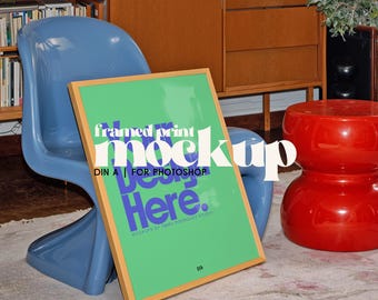 Oak Framed Print Leaning Mockup - Blue Plastic Chair Cute Template PSD, Single Digital Download (DIN A Portrait) for Wall Art