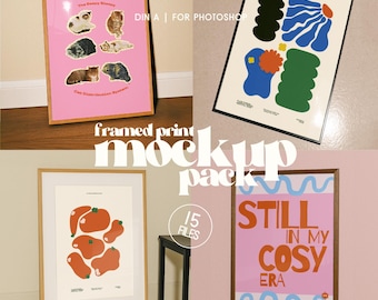 15 Simple Framed Print Mockup Pack, DIN A Portrait Template Bundle (PSD) with Customizable Colour Options for Wall Art, Artists, Illustrator