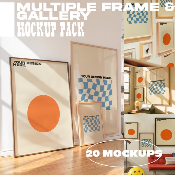 Pacchetto mockup con cornici multiple e gallerie a parete / Arte vintage, modello di cornice moderna di metà secolo, raccolta di file PSD