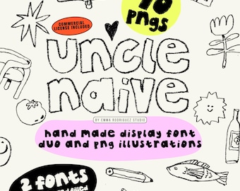 Uncle Naive Font & PNG Illustration Pack - Hand Drawn Font Duo, 70 Hand Drawn Images, Quirky Branding Design Bundle, Commercial Use