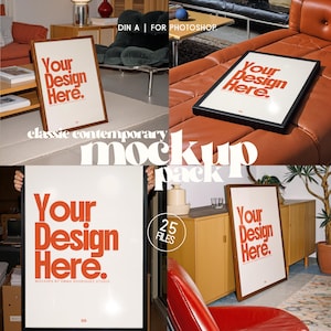 以下が含まれることがあります： 「Your Design Here」の赤い文字が入ったフレーム付きポスターのモックアップパック。ポスターは、リビングルームやモダンなオフィススペースなど、さまざまなインテリアに表示されています。「classic contemporary mockup pack」という言葉も表示されています。