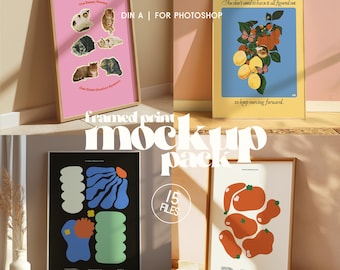 15 Framed Print Mockup Pack, Minimal DIN A Portrait Template Bundle, Customizable Wall Color (PSD) for Wall Art, Artists