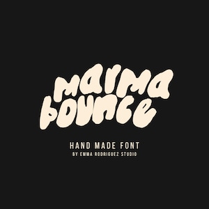 May include: A graphic design featuring the words "MAGMA BOUNCE" in a large, cream-colored, bubbly, hand-drawn font against a solid black background. Below the text, the words "HAND MADE FONT" and "BY EMMA RODRIGUEZ STUDIO" appear in white.