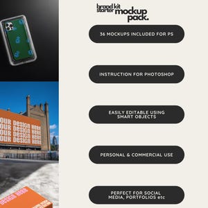 May include: A mockup pack for creating branding materials. The pack includes 36 mockups for use in Photoshop. The mockups are easily editable using smart objects and can be used for personal or commercial purposes. The mockups are perfect for social media, portfolios, and other marketing materials.