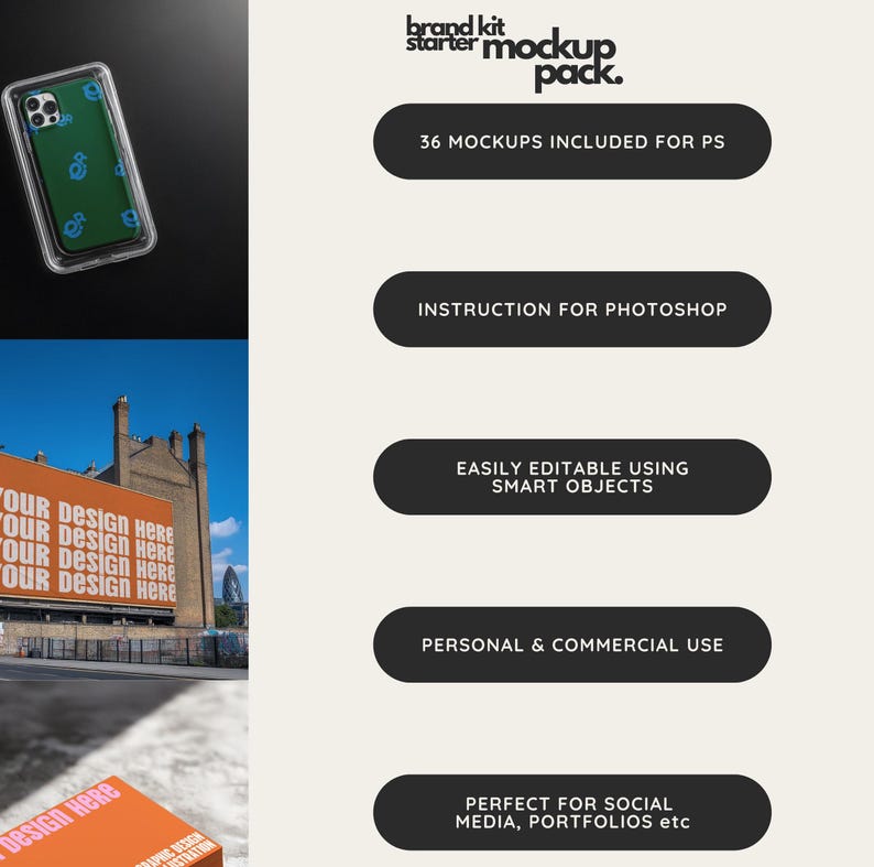 May include: A mockup pack for creating branding materials. The pack includes 36 mockups for use in Photoshop. The mockups are easily editable using smart objects and can be used for personal or commercial purposes. The mockups are perfect for social media, portfolios, and other marketing materials.