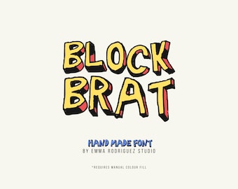 Block Brat Font - Outline Bubble Display Typeface, Hand Drawn All Caps Lettering, Playful Retro Branding Font, Commercial Use
