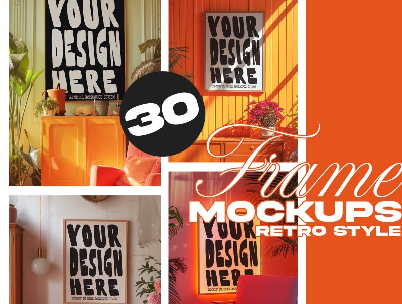 May include: A set of 30 retro style frame mockups. The frames are in a variety of colors and styles, and they are all set against a bright orange background. The text "YOUR DESIGN HERE" is displayed on each frame.