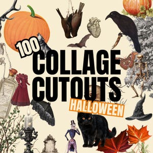 Może przedstawiać: Kolaż z motywami Halloween, w tym dynią, krukiem, czarnym kotem, szkieletem i kapeluszem czarownicy. Widoczny jest tekst "100 COLLAGE CUTOUTS HALLOWEEN".
