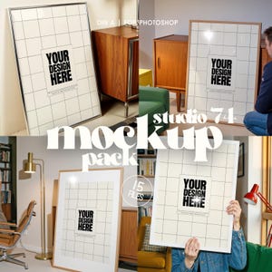 Może przedstawiać: Pakiet mockupów z oprawionymi wydrukami artystycznymi z tekstem "YOUR DESIGN HERE" na tle kratki. Obraz zawiera różne ramki w różnych ustawieniach, z tekstem "studio 74 mockup pack" i "15 FILES".