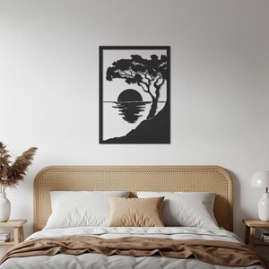 Decorazione murale in metallo con tramonto, decorazione murale con paesaggio di alberi, cartello in metallo con scena naturale, decorazione moderna per la casa, opera d'arte al tramonto per la camera da letto