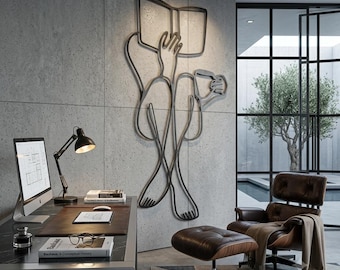 Minimalist Metal Wall Art: Reading Woman with Coffee, Modern Line Art