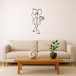 Minimalist Metal Wall Art: Reading Woman with Coffee, Modern Line Art