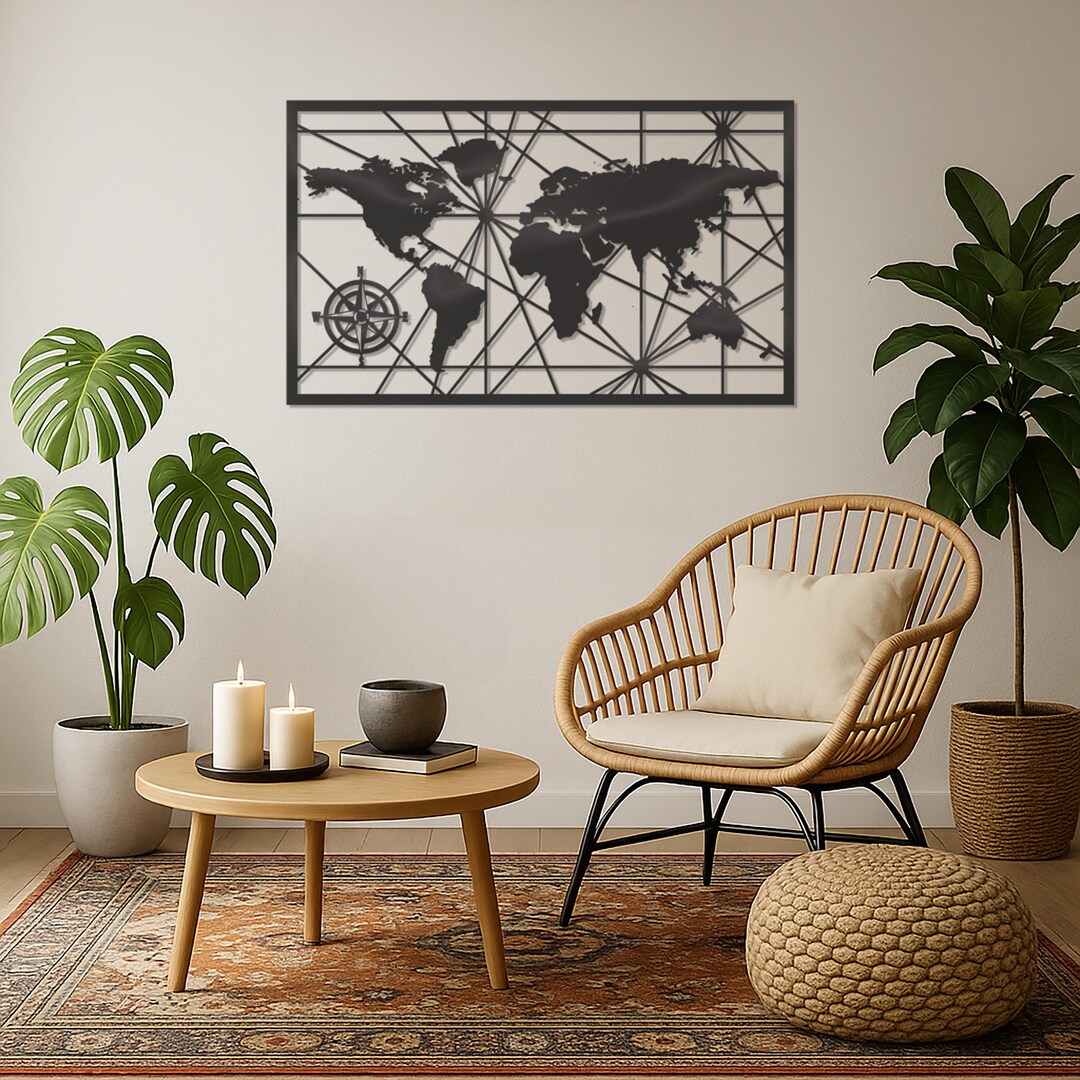 Metal World Map Wall Art: Geometric Compass Design - Etsy