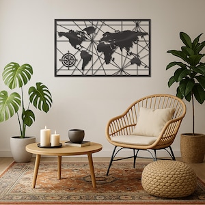 Art mural carte du monde, décoration murale boussole, décoration de bureau, cadeau de voyage, art mural en métal, grande décoration murale, décoration de salon, cadeau de pendaison de crémaillère