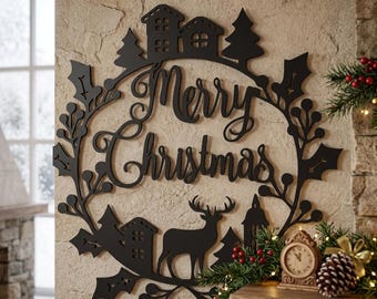 Merry Christmas Metal Wall Art Sign, Christmas Wreath Wall Decor, Holiday Wall Hanging, Winter Home Decoration, Rustic Modern Festive Gift