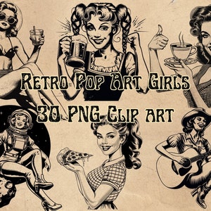 30 PNG Retro Pop Art Girls, digitale download, illustraties, POD, scrapbookingateliers, T-shirtontwerp, retro, gratis commercieel gebruik