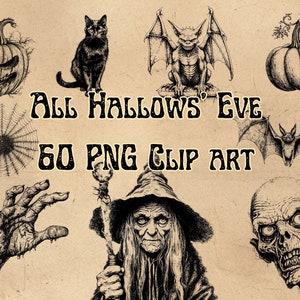 May include: A collection of Halloween-themed clip art in black and white. The illustrations include a carved pumpkin, a black cat, a gargoyle, a spider web, a bat, a witch, a zombie, and a gnarled hand. Text reads "All Hallows' Eve 60 PNG Clip Art."