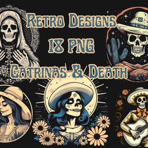 Retro Designs 18 PNG Catrinas & Death, png, clipart, téléchargement numérique, tshirt, créations en papier, journal indésirable, usage commercial gratuit, imprimable