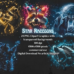 Puede incluir: Arte digital con mapaches con temática cósmica. La imagen incluye mapaches con efectos de estrellas, gafas de sol y aullando a la luna. El texto dice "STAR RACCOONS" y detalles sobre la descarga digital.