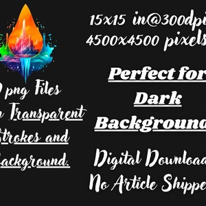 May include: Digital download graphic with a colorful abstract design. The image is 15x15 inches at 300dpi, 4500x4500 pixels. The text says "20 png files with transparent strokes and background." The image is perfect for dark backgrounds.