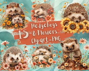 15 Hedgehogs and Flowers, png, watercolor, clipart, Scrapbook, Junk Journal, Digital Download, printable