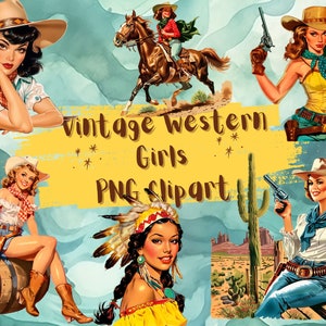 26 png Vintage Western Girls, retro, png, Junk Journal, Paper Craft, Clipart, paquete png, uso comercial, imprimible, descarga digital