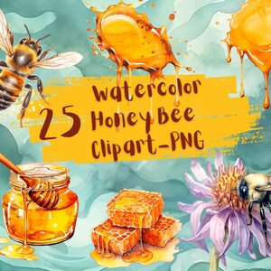 25 Watercolor Honey Bee clip art PNG, digital download, paper craft, junk journal, scrapbook, free commercial use