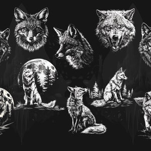 May include: A black and white illustration featuring various depictions of wolves and foxes. The artwork includes detailed portraits of the animals, some with open mouths, and scenes with a full moon and forest backgrounds. The style is detailed and graphic.