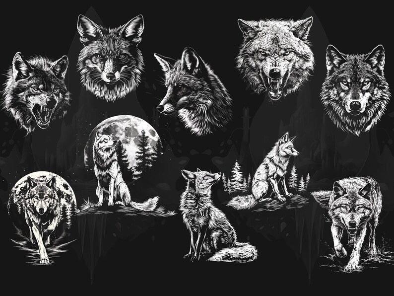 May include: A black and white illustration featuring various depictions of wolves and foxes. The artwork includes detailed portraits of the animals, some with open mouths, and scenes with a full moon and forest backgrounds. The style is detailed and graphic.