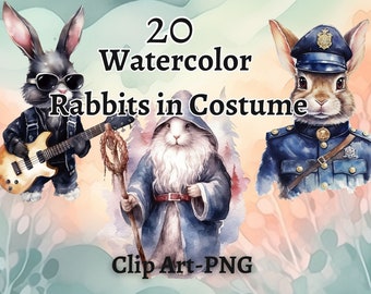 Watercolor Rabbits in Costume, png, watercolor, clipart, Scrapbook, Junk Journal, Digital Downloads, commercial use, printable