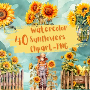 40 Watercolor Sunflowers, png, clipart, paper craft, junk journal, scrapbook, digital download, free commercial use