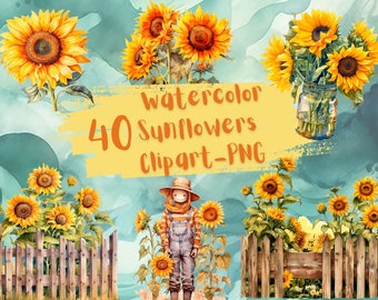 Girasoles en acuarela (40 imágenes PNG, descarga digital)
